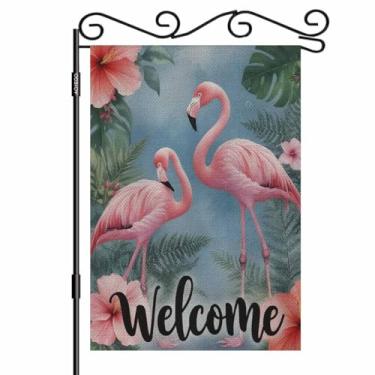 Imagem de AOYEGO Bandeira de jardim de flamingo rosa pequena vertical dupla face 32,5 x 45,7 cm fundo de palmeiras frescas de verão aquarela flores de jarda, decoração ao ar livre