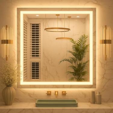 Imagem de Espelho Quadrado 80x80 cm LED Touch – Design Moderno com Moldura Lapidada Jateada, Iluminação Decorativa Premium para Banheiro, Quarto, Sala, Closet, Salão e Maquiagem (Neutro)