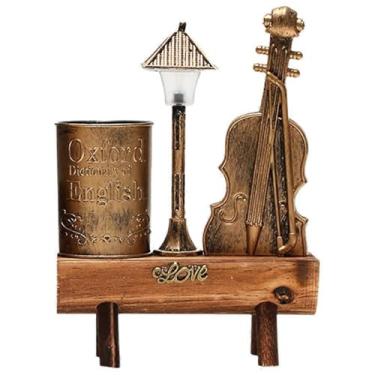 Imagem de Decoração Vintage Paris, Torre Eiffel com Cabine Telefônica e Poste Iluminado, Bronze Envelhecido, 14 cm Altura, Conjunto 3 Peças para Mesa (violino)