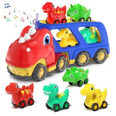 Imagem de Caminhão de transporte de carros de brinquedo Veslier Dinosaur com 4 c
