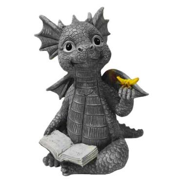 Imagem de Estátua WBTY Dragon Reading Book Baby Dragon Resin Grey 15cm