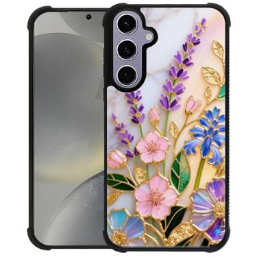 Imagem de CARLOCA Capa compatível com Samsung Galaxy S24 S25 para meninas à prova de choque antiarranhões capa traseira de PC rígida estética padrão de moda mármore branco vitral dourado lavanda flores