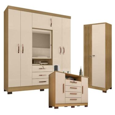 Imagem de Guarda Roupa Casal Imperial E Cômoda Madri Com Armário Multiuso Versatile Carvalho Americano Off White - Incorplac