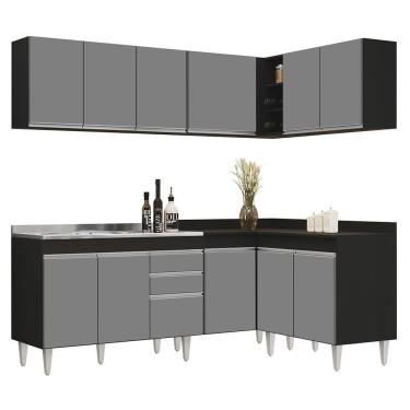 Imagem de Armário De Cozinha Modulado De Canto 6 Peças Cp30 Com Pia Inox Preto/cinza - Lumil