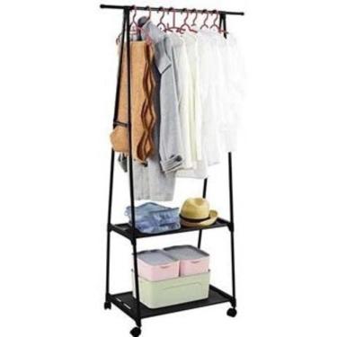 Imagem de Armário Portátil Com Rodinhas Arara De Roupas Com 2 Prateleiras E Sapateira Organizador Multiuso Preto