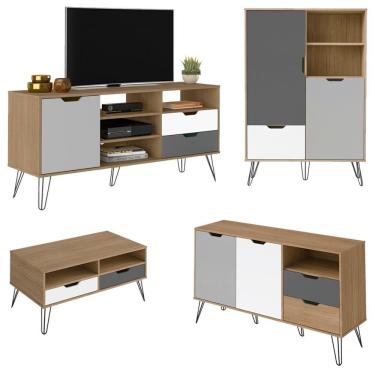 Imagem de Conjunto Sala Estar Rack Tv 60 Pol Carvalho Arly