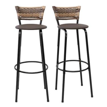 Imagem de Kit 2 Banquetas Altas 80cm Estrutura Preta Encosto Junco Cappuccino Ideal P/Bancada Cozinha Americana Bares Balcão Itagold (Assento Marrom Escuro)