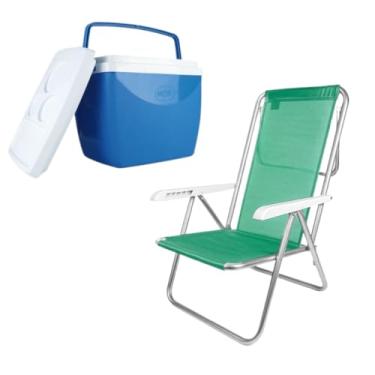 Imagem de Kit com 2 Cadeiras de Praia Reclináveis em Alumínio, 8 Posições, Suporta 100kg cada - para Piscina e Jardim (Kit Caixa Térmica 18L - Verde)