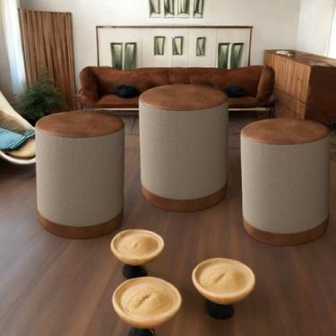 Imagem de KIT 3 PUFF Closet Penteadeira Banqueta Redonda LINHO BEGE ASSENTO EM C