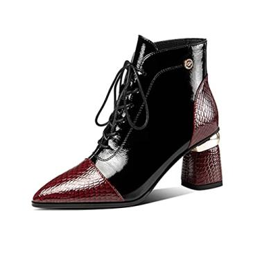 Imagem de TinaCus Patente e couro legítimo bota feminina feita à mão salto bloco bico fino com cadarço no tornozelo, A Burgundy, 6.5