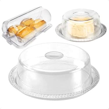 Imagem de Kit Cozinha Café Da Manhã Cristal Acrílico Boleira Manteigueira Queijeira Porta Pão Organizadores De Mesa Chá Da Tarde(P/Pão + Boleira + Queijeira)