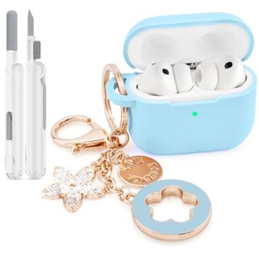 Imagem de VISOOM Capa para AirPods Pro 3 2025, capa de silicone para Apple Air Pods Pro 3ª geração, capa protetora para iPods 3 com chaveiro brilhante e kit de limpeza, azul celeste