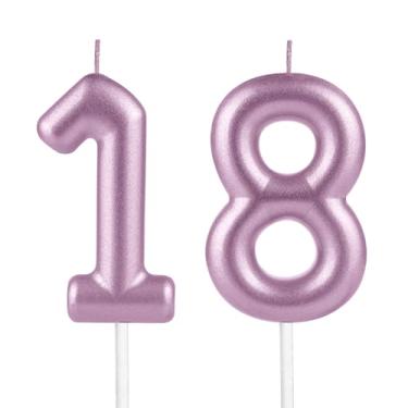 Imagem de Velas de aniversário rosa metálico 18, velas de aniversário rosa metálico número 18 para decoração de topo de bolo, mulheres, homens, casamentos, comemorações, artigos de festa feliz