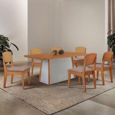 Imagem de Mesa Jantar Diane 180cm Tampo Mdf Lam 6 Cadeiras Copper Prem Moderna Linho Capuccino Off White