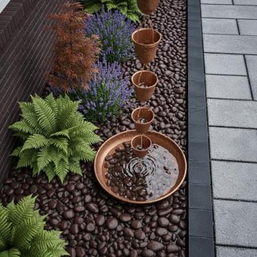 Imagem de Shimeyao Bacia de corrente de chuva com acabamento em latão de 28 cm - coletor de bacia de chuva de liga de alumínio com orifícios de drenagem e corrente de 20 cm para decoração de jardim