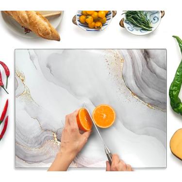 Imagem de Kitchenville Tábua de corte de vidro 51 x 40 cm: protetor de balcão de cozinha de vidro temperado - durável - resistente a arranhões, à prova de calor - Design 7 - branco e dourado