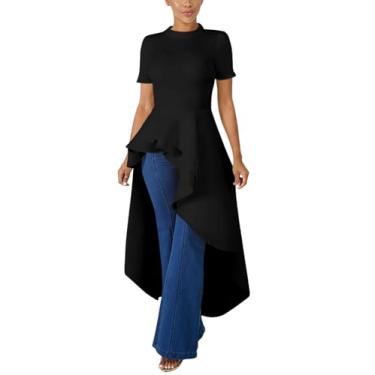 Imagem de Lrady Vestido casual feminino com bainha irregular e assimétrica franzida com peplum assimétrico túnica longa, 1# Black, M