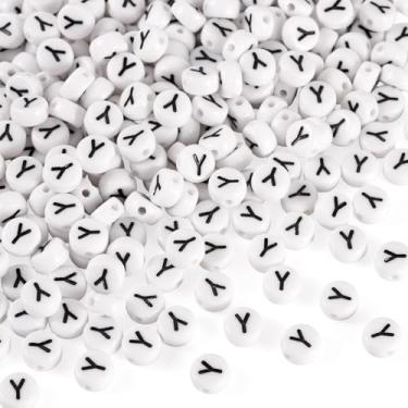 Imagem de FASHEWELRY 500 peças de contas de acrílico letra Y 7 x 4 mm a granel contas planas redondas do alfabeto contas maiúsculas iniciais para pulseiras da amizade colar brinco fabricação de joias branco