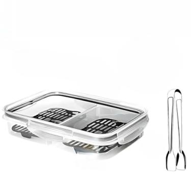 Imagem de Pote Hermético Com Pegador de Frios Porta Frios Com Escorredor Trava Tampa 2 Divisórias Retangular(2 Unidades)