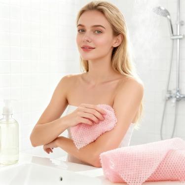 Imagem de Esponja de banho africana pacote com 2, esfoliante corporal de chuveiro, esponja de rede longa para lavagem das costas e limpeza do corpo, macia e eficaz para uso diário (rosa, amarelo)