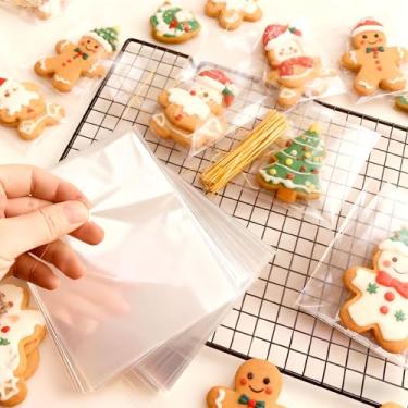 Imagem de 100 unidades de sacos de guloseimas de celofane, 13 x 18 cm, sacos de lembrancinha de festa com laços torcidos, bolsa de presente pequena de plástico para festa de Natal, pão de celofane transparente