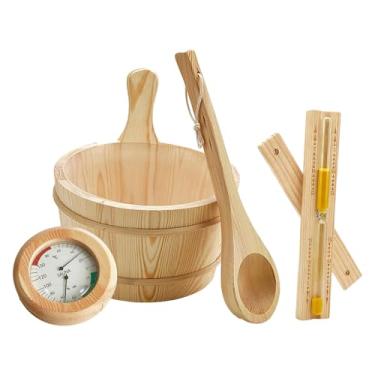 Imagem de IEUDNS Conjunto de 4 peças de acessórios para sauna: balde de madeira de 4 litros, concha, equipamento robusto, portátil e, termômetro premium.