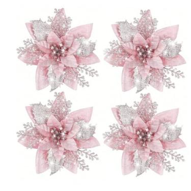 Imagem de 4 peças de flores de Natal rosa para decoração de árvore de Natal, guirlanda DIY, quarto, decoração de casa, festa temática, mesa, enfeite de jardim ao ar livre (prata rosa - 4 peças)
