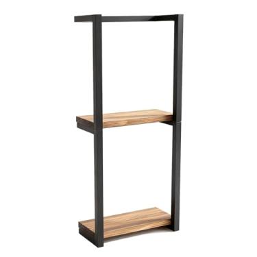 Imagem de AUNMAS Rack de Armazenamento de Toalhas de Banheiro Montado na Parede Suporte Vertical de 2 Camadas Com Estrutura de Metal Preto e Prateleiras de Madeira para Organizar Toalhas de Mão (28,5x14x77cm)