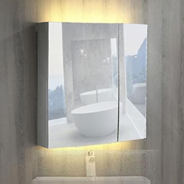 Imagem de SPXMQSS Armário de banheiro LED, armários de parede de banheiro com prateleiras, unidades de armazenamento, armários de banheiro com luzes com luz ambiente e proteção ambiental HD, espelho prata A, 60