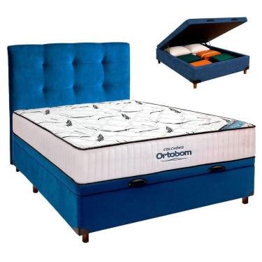Imagem de Cama Box Baú Azul + Colchão Casal High Foam Ortobom + Cabeceira