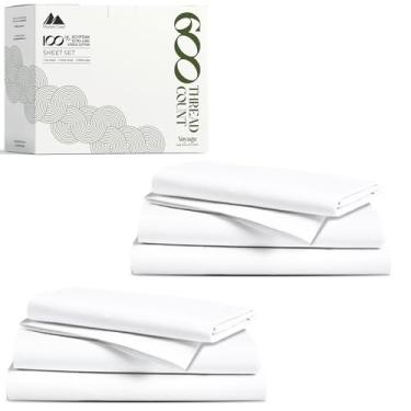 Imagem de Mayfair Linen 100% algodão egípcio solteiro pacote com 2 lençóis de luxo de 600 fios de algodão egípcio tamanho solteiro (6 peças, branco), macio, resfriamento, bolso profundo universitário de 40,6 cm