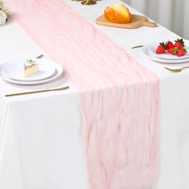 Imagem de Caminho de mesa de gaze de malha rosa de 118 polegadas, gaze rústica boho bandeira de mesa tecido transparente, decoração de casamento de primavera para centro de mesa, chá de panela, festa de