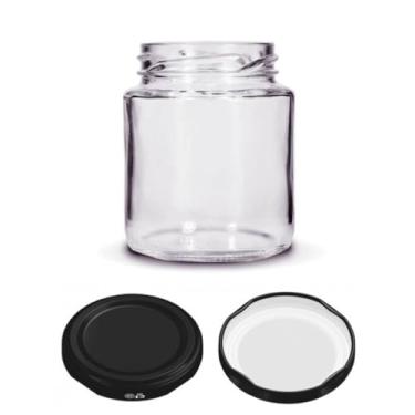 Imagem de Kit 100 unidades - Pote de vidro Redondo Belém 240ml - Tampas Pretas