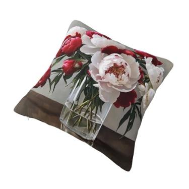 Imagem de Almofada quadrada decorativa com estampa de flores de peônia - Design reversível, zíper oculto, poliéster macio para sofá, cama e carro - Hipoalergênico 66 cm x 66 cm