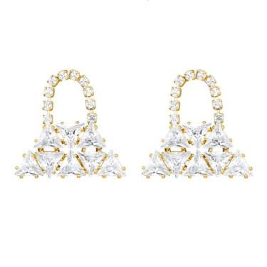 Imagem de Unurgoonit Brincos femininos com trava geométrica, banhado a ouro, zircônia cúbica, triângulo, pedra, pingente, design de argola de zircônia cúbica, joia de presente de ouro