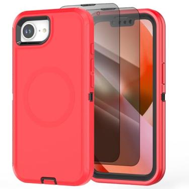Imagem de Qizaixi Capa projetada para iPhone 16e [compatível com MagSafe] [com protetor de tela de privacidade] 3 camadas de proteção total resistente à prova de choque capa de telefone resistente, vermelha