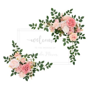 Imagem de Angela flower 2 peças rosa empoeirado flores artificiais decoração casamento placa de boas-vindas cavalete guirlanda de eucalipto rosa para festa ao ar livre, cenário, recepção, entrada, mesa