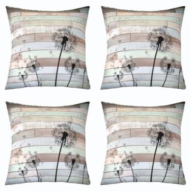 Imagem de jejeloiu Conjunto de 4 capas de almofada de dente-de-leão para crianças, 51 x 50 cm, floral, reversível, para meninos e meninas, flores botânicas, listras de madeira rústica, fronhas para sofá-cama