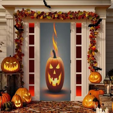 Imagem de Wassud Decoração de porta de abóbora de fogo faixa interna externa decoração de casa de varanda grande decoração de porta da frente 96 x 98 polegadas