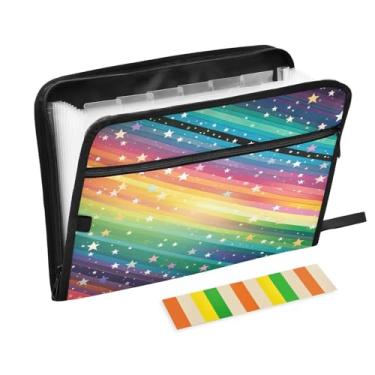Imagem de Wassud Organizador de arquivos sanfonado listrado colorido com estrelas, 13 bolsos, pastas expansíveis com abas e adesivos, organizador de pastas de documentos de recibo de papel tamanho carta A4 para