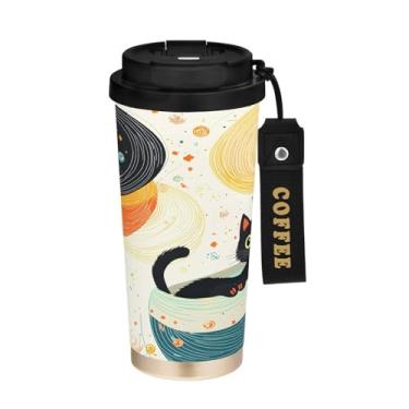 Imagem de YETTASBIN Caneca de café de viagem com isolamento térmico Spaceship Cat de 500 ml com tampa canudo, copo à prova de derramamento e vazamento com alça para bebida quente e fria, garrafa de água de aço