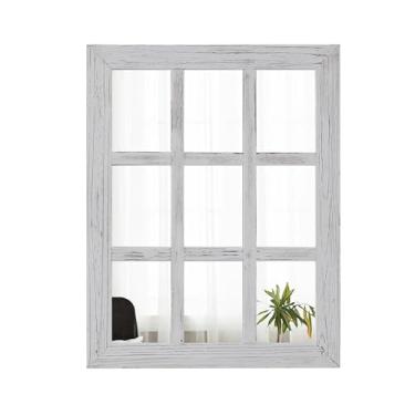 Imagem de Sintosin Espelhos de janela de fazenda para decoração de parede 45 x 58 cm. Moldura de madeira envelhecida Espelho de painel de janela branco, espelho retangular rústico para sala de estar quarto