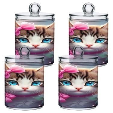 Imagem de STAYTOP 4 frascos de boticário Qtip para banheiro com etiquetas – Recipiente de armazenamento Qtip de plástico transparente acrílico para bola de algodão, cotonete, grão de café - gatinho fofo