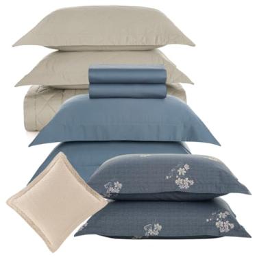 Imagem de Kit Colcha + Jogo de Lençol Queen 10 Pçs, 100% Algodão Egípcio, 300 Fios (Bossa Azul)