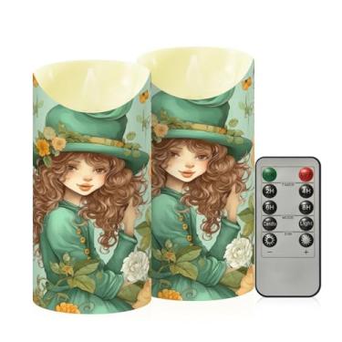 Imagem de Wassud Pacote com 2 velas sem chama para meninas com chapéu e flores, com controle remoto, velas realistas cintilantes com temporizador, velas decorativas para Natal, casamento, festa, decoração de