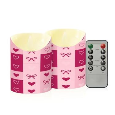 Imagem de Wassud Pacote com 2 velas sem chama com estampa quadriculada de coração com controle remoto, velas realistas cintilantes com temporizador, velas decorativas para Natal, casamento, festa, decoração de