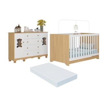 Imagem de Berço Americano 3 em 1 com Colchão Incluso e Cômoda 2 Portas 4 Gavetas Ternura Multimóveis Mp4738 Madeirado/branco