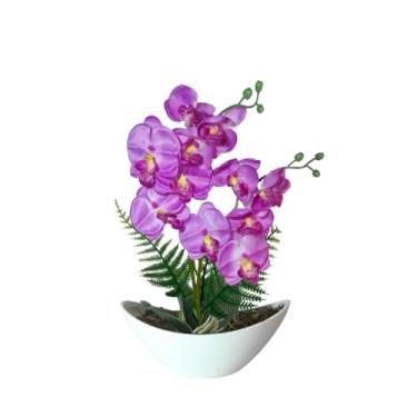 Imagem de Arranjo de Orquídea Artificial em Seda com Vaso Barca, Orquídea Decorativa Realista para Sala, Mesa e Escritório (Lilás)