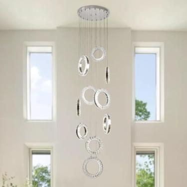Imagem de Lustre moderno de cristal com 10 anéis, luminária pendente longa para escada, LED, para sala de estar, com controle remoto, luminária suspensa para hall de entrada com pé direito alto, anel