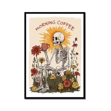 Imagem de Pôster vintage esqueleto manhã café engraçado caveira café arte de parede esqueleto gótico beber café arte para decoração de bar cozinha (SKU2,12 x 16 polegadas = (30 x 40 cm), moldura de metal preto)